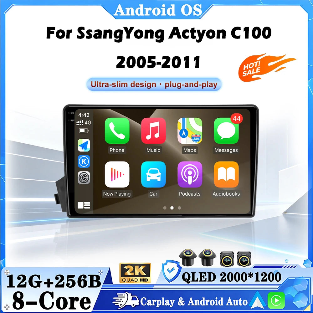 Android 16 For SsangYong Actyon C100 2005-2011 Car Multimedia Player 9"Wireless CarPlay 4G