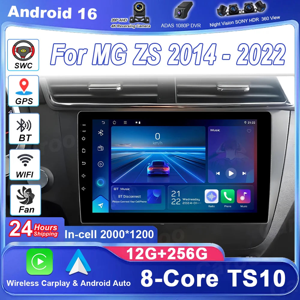 Android 16 Carplay Auto Car Radio For MG ZS 2014 - 2022 Multimedia Video Player BT WIFI 4G