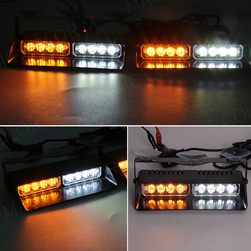 LED Car Strobe Light For Emergency Flash Warning Lamp Windshield Bar 8 Beads Red Blue Ambe | AUTOKITSHOP