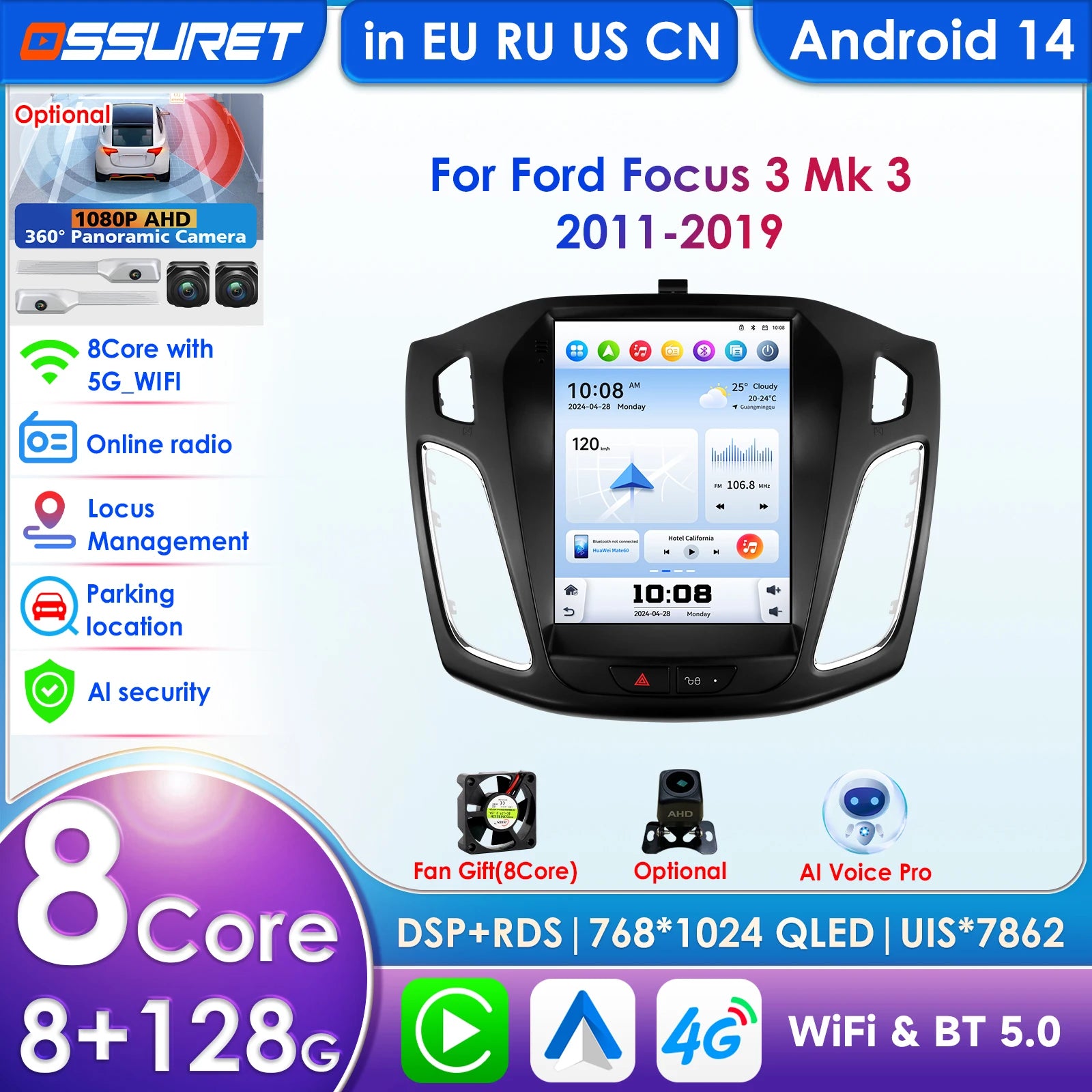 9.7" Wireless Carplay Android Auto Car Radio for Ford Focus MK3 2011-2018 Tesla Style Multimedia Player GPS BT 4G DSP