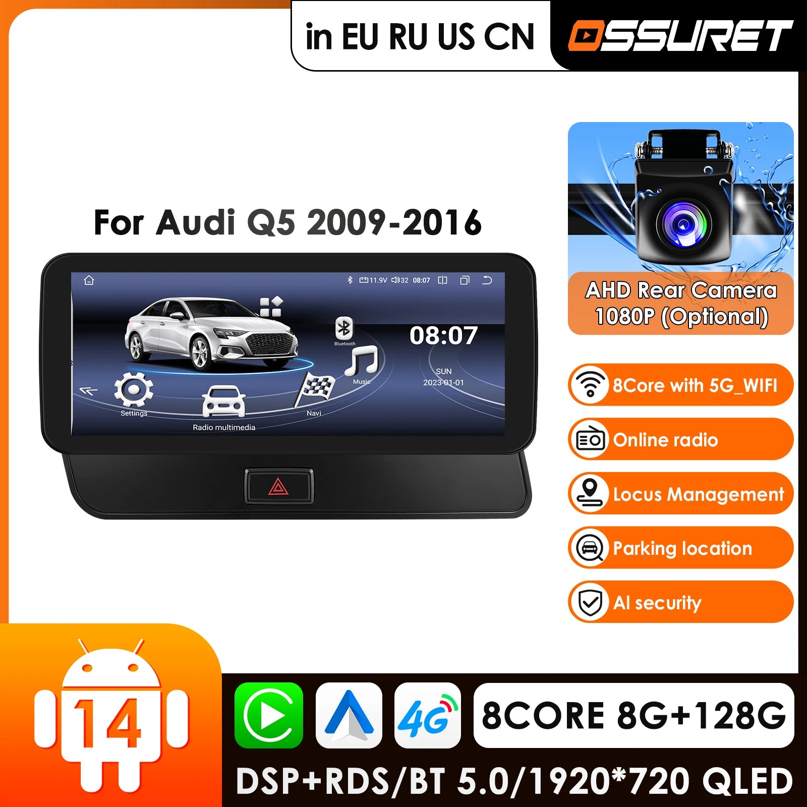 OSSURET WIFI 4G Android 14 Car Multimedia Player Wireless Carplay for Audi Q5 2009-2016 8C