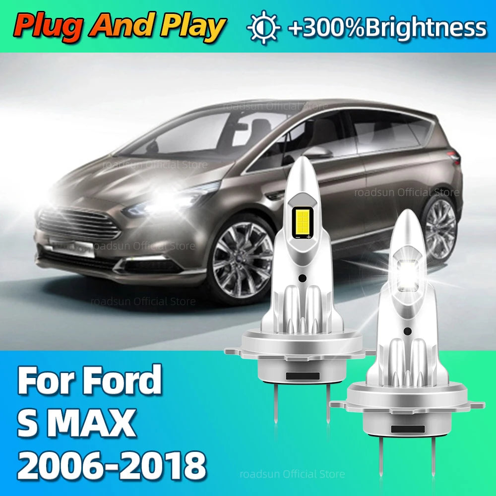LED Headlight 180W 6000K CSP Turbo Car Lamp Plug and Play Lights For Ford S MAX 2006 2007