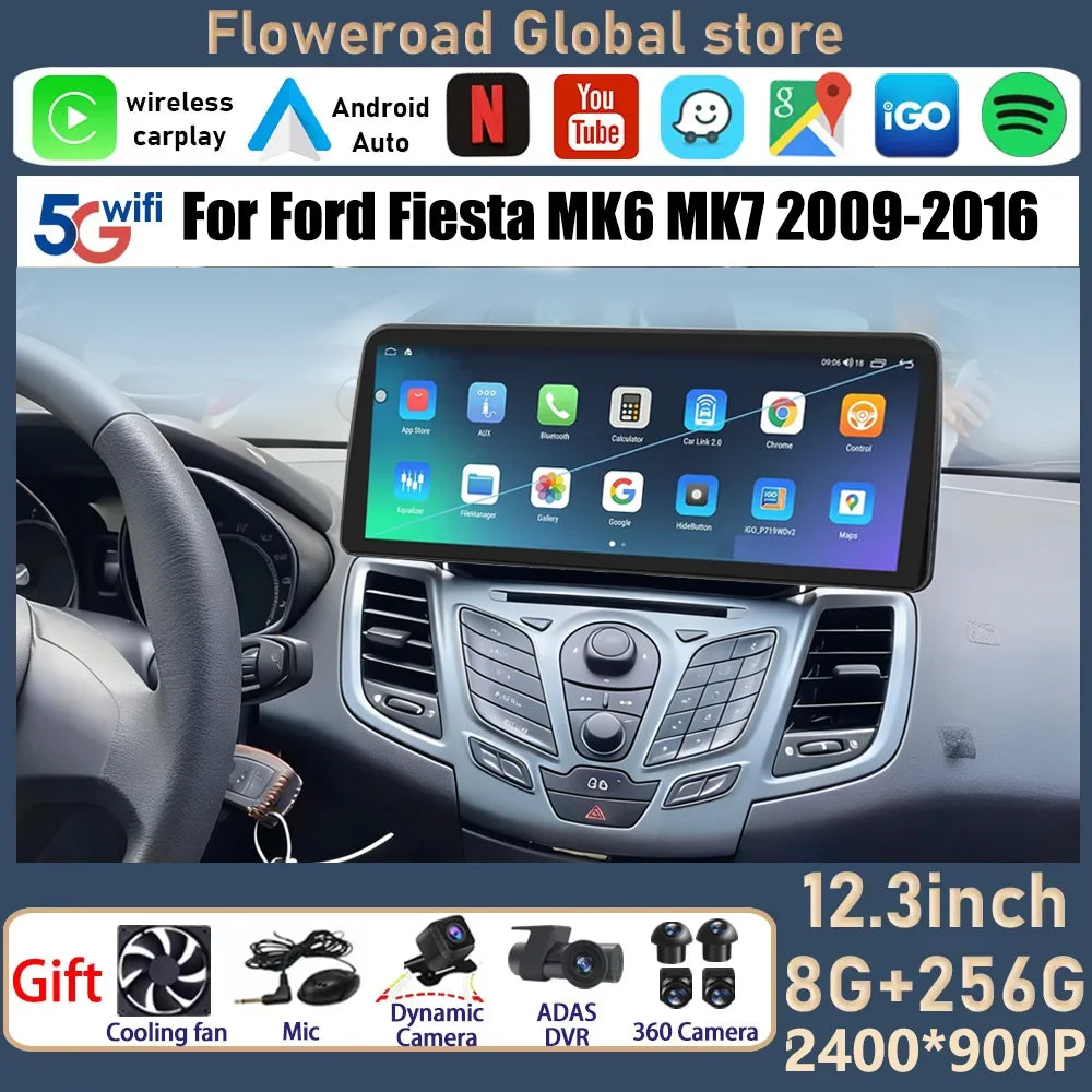 12.3 inch 2400*900 Android 15For Ford Fiesta MK6 MK7 2009-2016 Multimedia Car GPS Navigati | AUTOKITSHOP