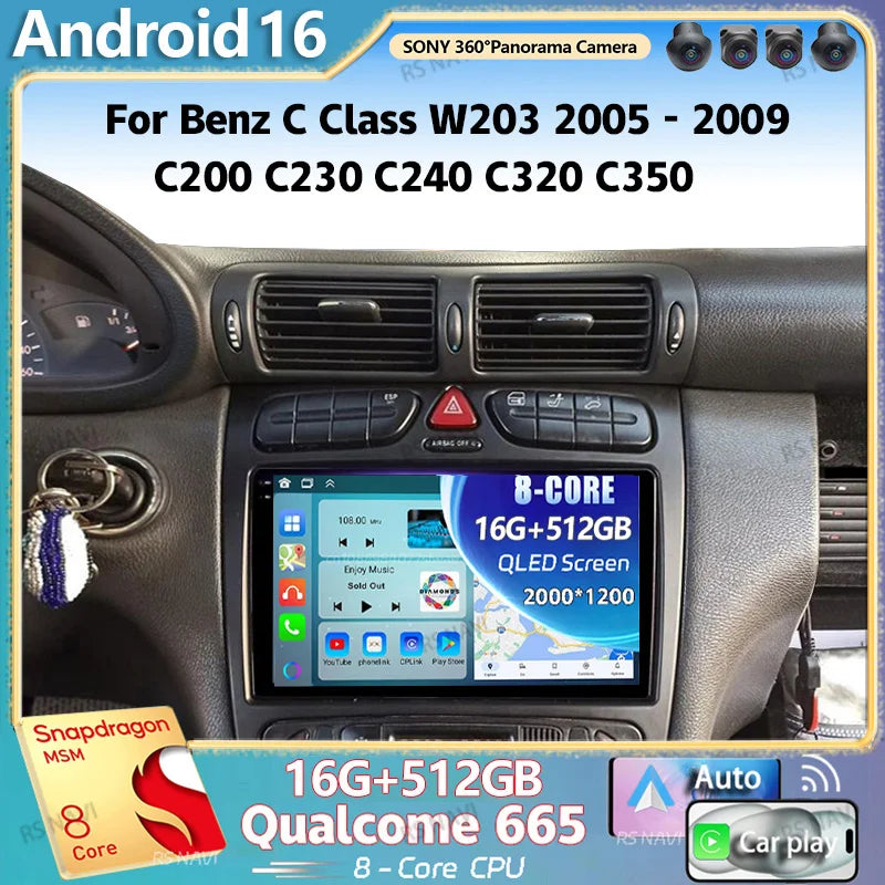 Android 16 2K QLED For Benz C Class W203 2005 - 2009 C200 C230 C240 C320 C350 Car Radio Mu