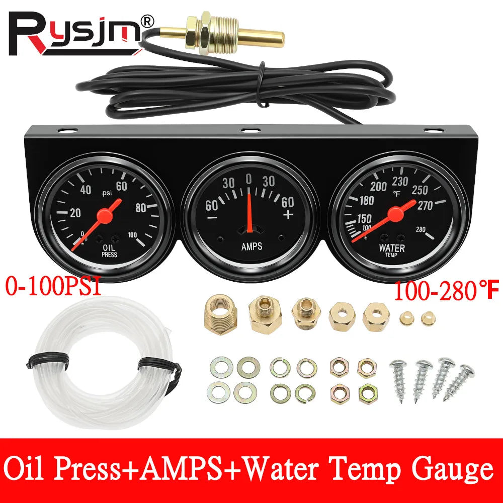 3 in 1 Car Meter Kit Triple Gauge 52mm Oil Pressure Gauge 0-100PSI Water Temp Meters 100℉- 280℉  - Automotive LED Light