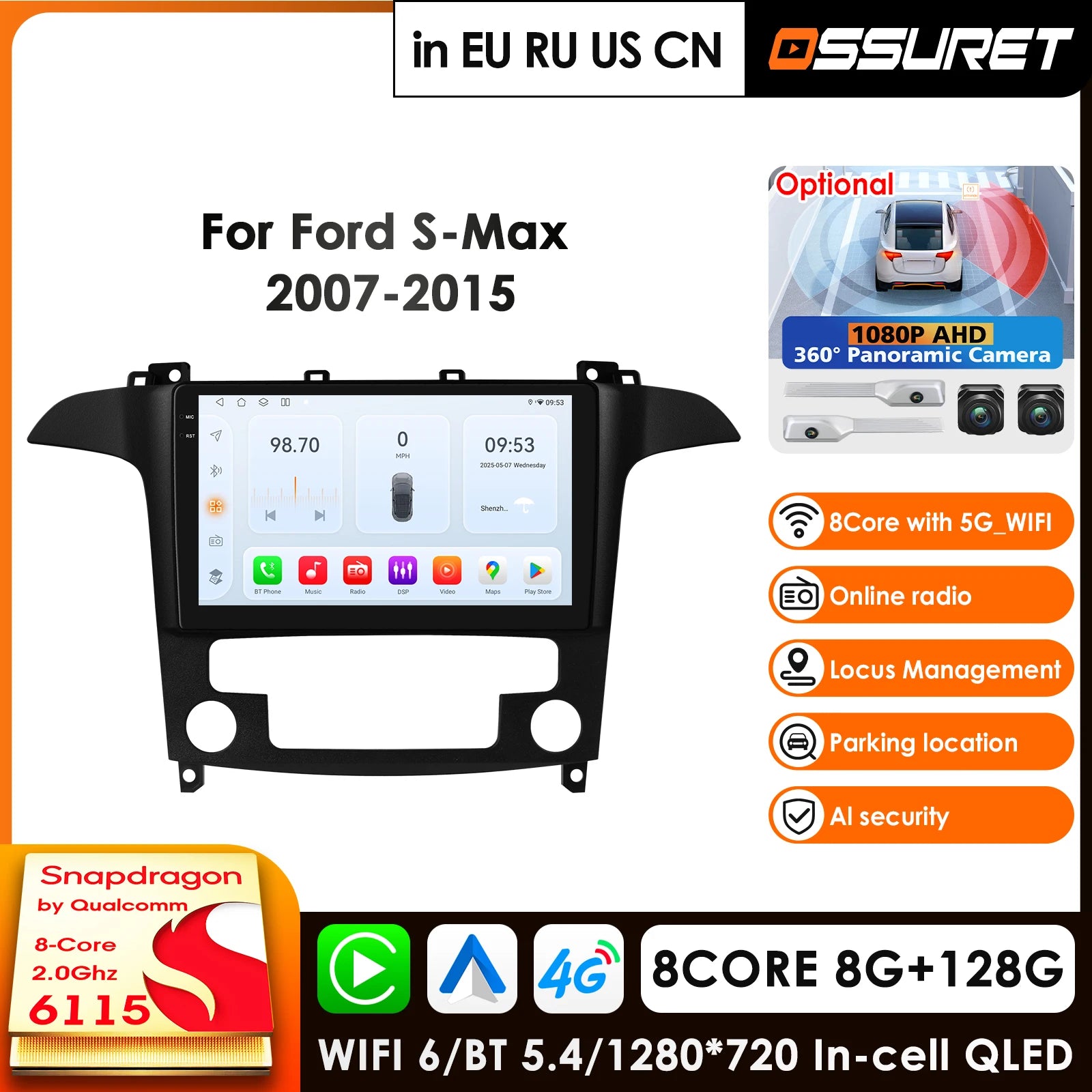 12.3" Car Radio GPS for Ford S-Max 2007-2015 Android 14 AI Navigation Stereo Video Player - 4G LTE Carplay