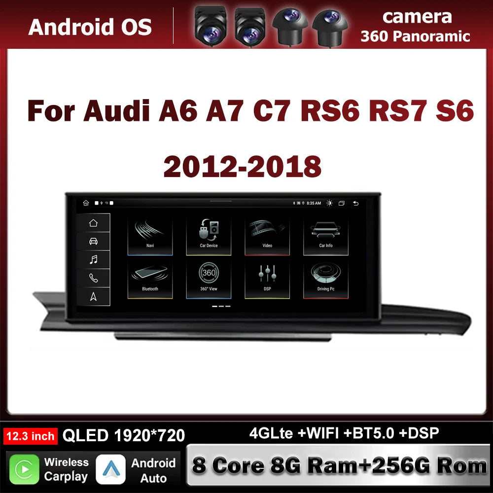 12.3" For Audi A6 A7 C7 RS6 RS7 S6 2012-2018 Multimedia Player Carplay Android Auto Stereo