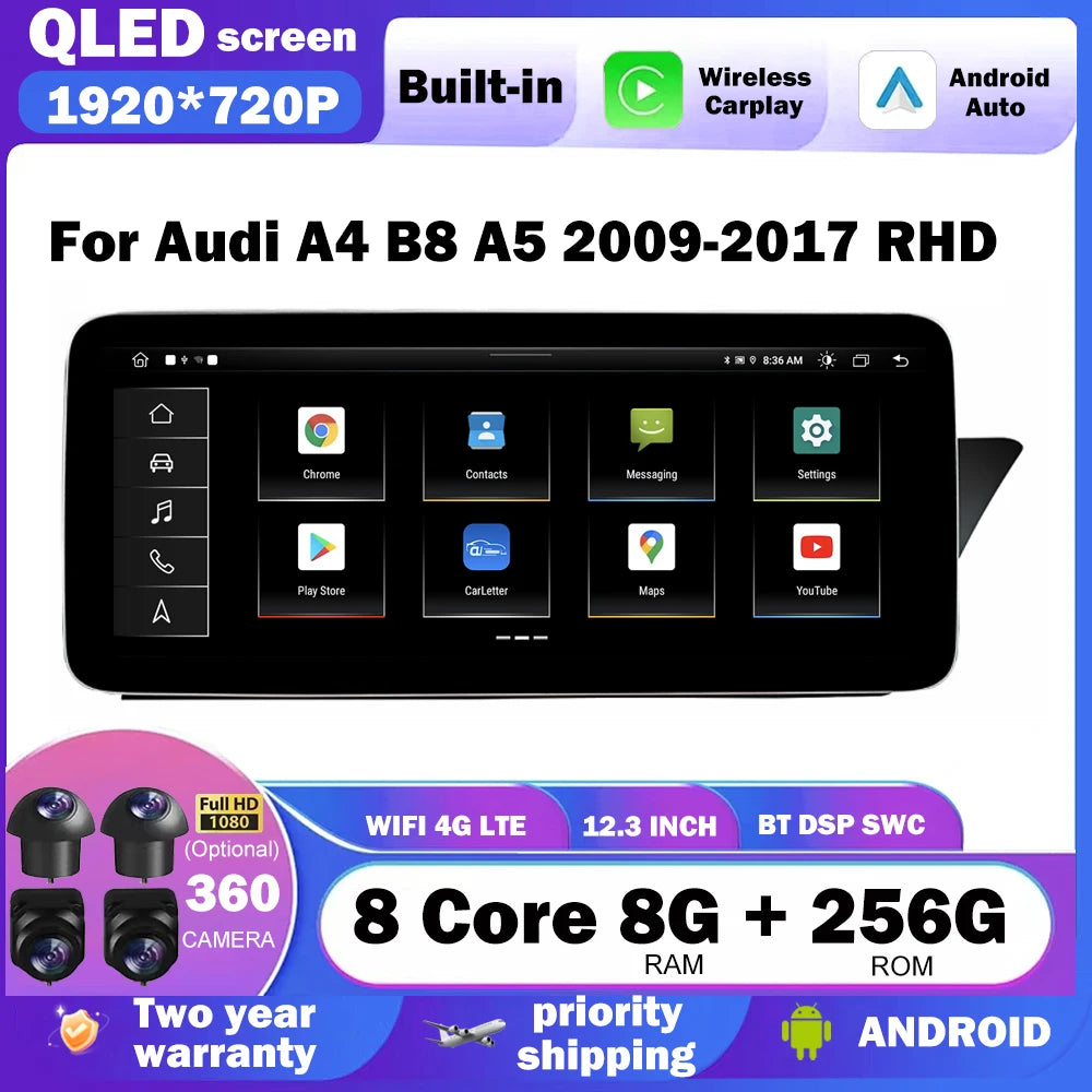 RHD 12.3 Inch Car Multimedia Player BT GPS Navigation DSP For Audi A4 A5 S4 S5 A4L B8 2009