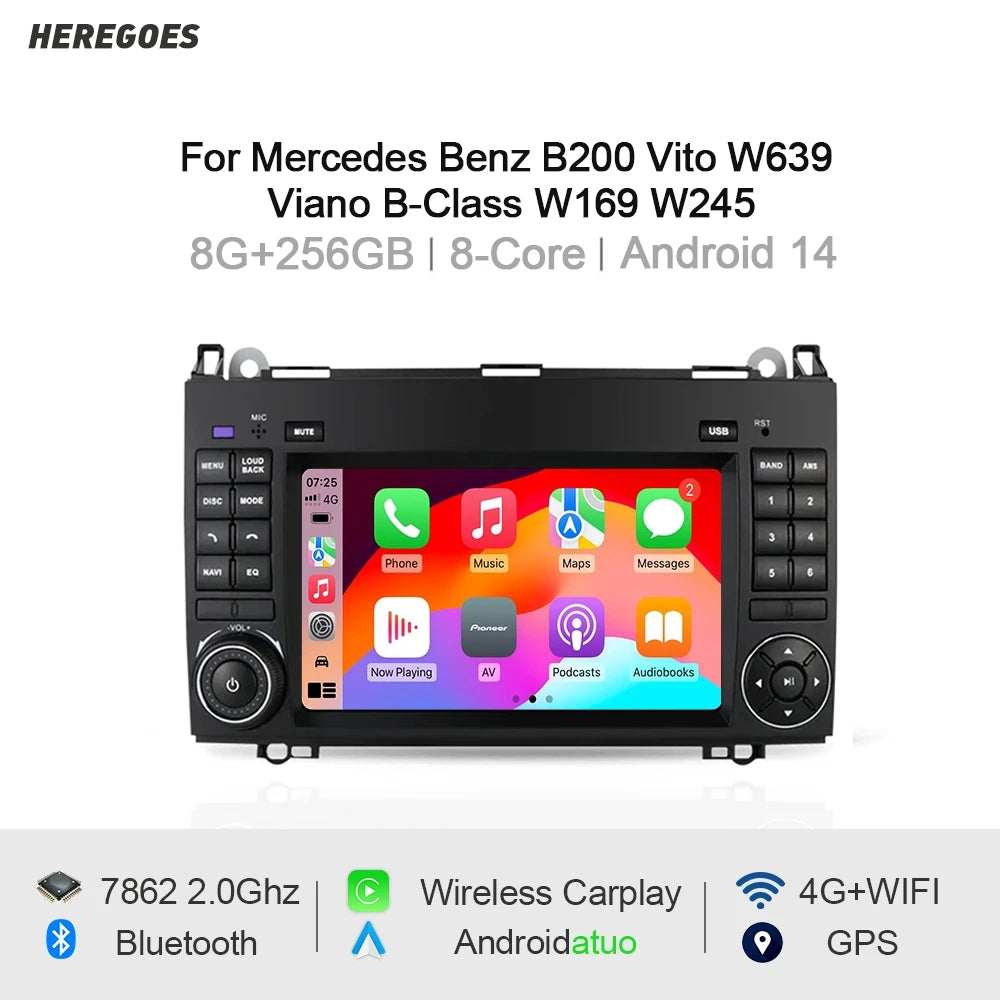 12.3" Car Radio GPS Android 14 for Mercedes Benz B200 Vito W639 Viano B-Class W169 8GB Bluetooth Multimedia Player - Car