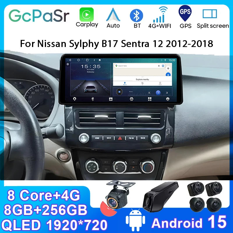 12.3" Android 15 Carplay Car Radio For Nissan Sylphy B17 Sentra 12 2012 - 2018 Multimedia