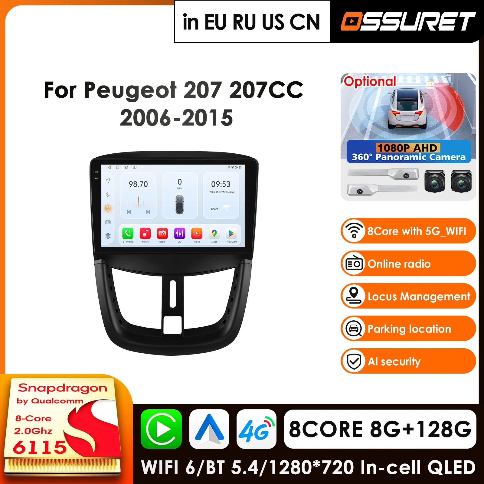 9" Car Radio GPS for Peugeot 207 CC 2006-2015 - 4G Carplay Android AI Voice DSP Multimedia Video Player