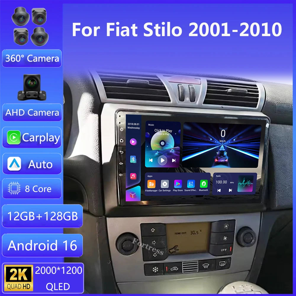 Android 16 For Fiat Stilo 2001 - 2010 2K QLED Android Car Radio Multimedia Video Player GP