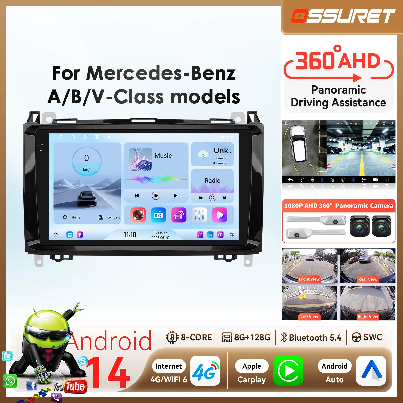 by Snapdragon 8-Core Android 14 Car Radio for Mercedes Benz B200 Viano W639 W169 W245 Spri