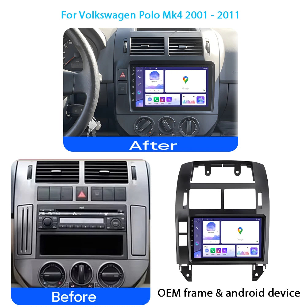Car Radio Android 15 Carplay Auto WIFI+4G For Polo Mk4 2001 2002 2003 2004- 2011 GPS Stere