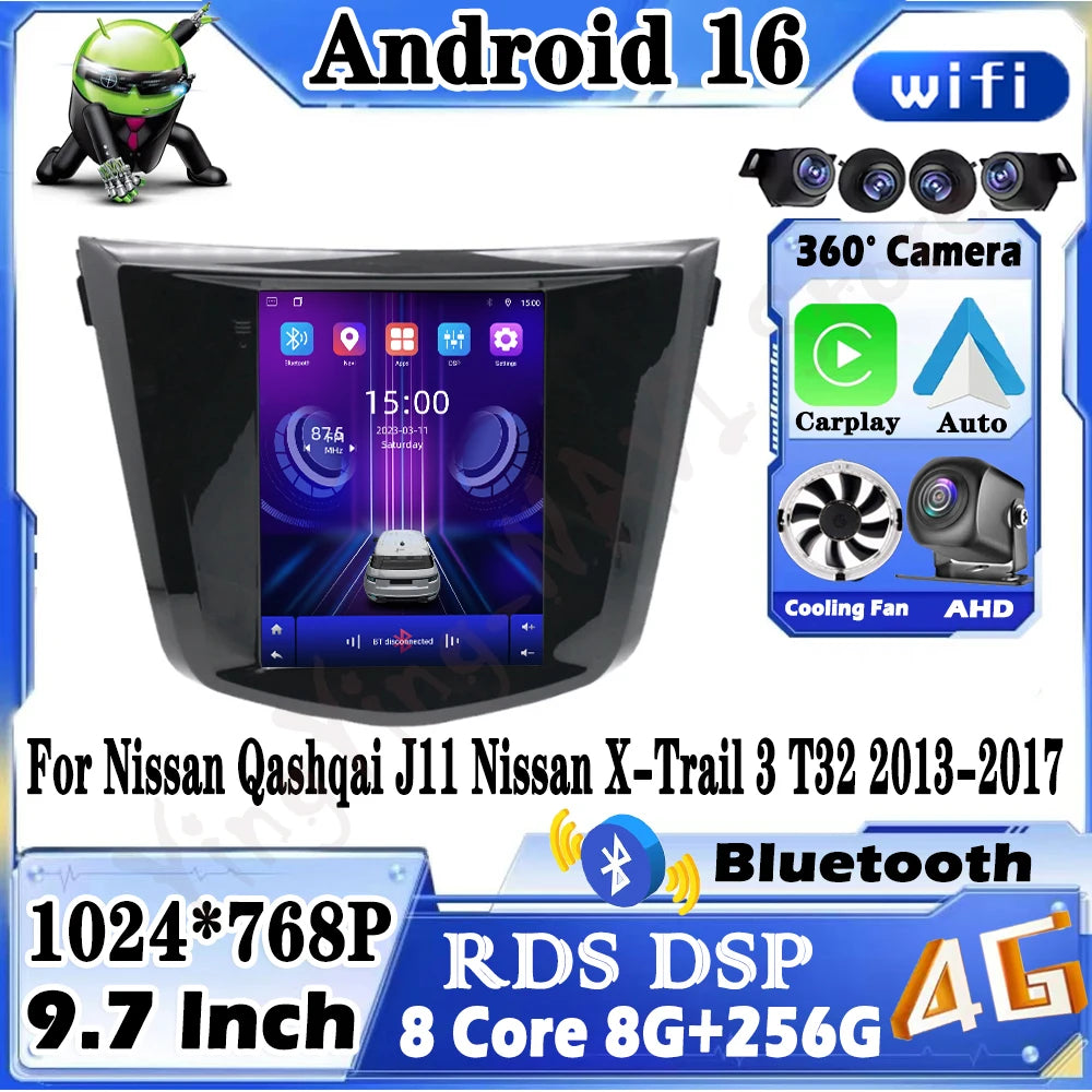Car Radio Wireless Carplay Android 16 for Nissan Qashqai J11Nissan X-Trail 3 T32 2013-2017