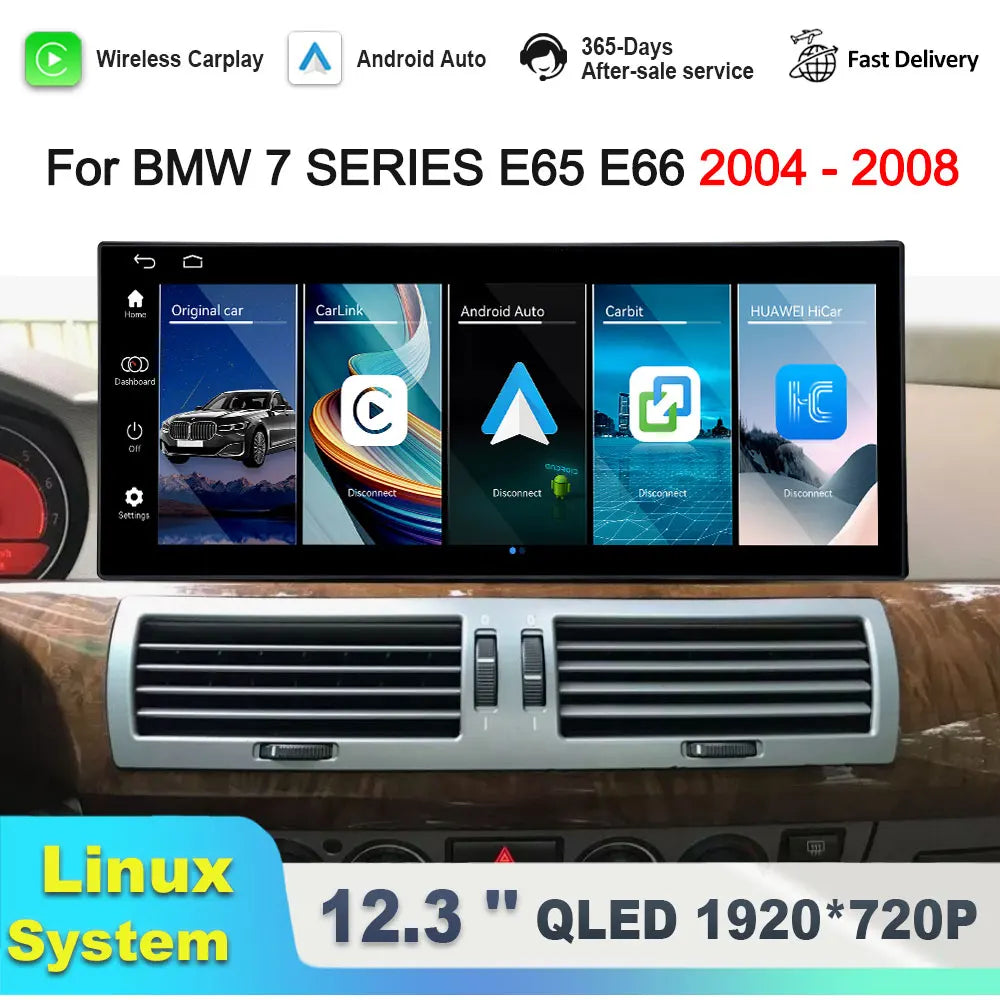 Linux System 12.3'' for BMW 7 SERIES E65 E66 2004 - 2008 CCC Wireless CarPlay Android Auto