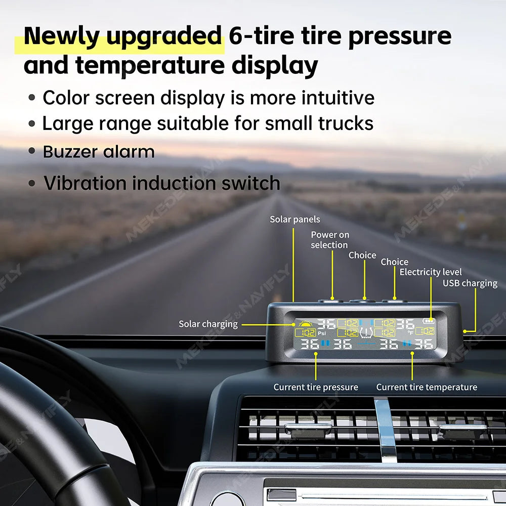 6-Wheel Car TPMS USB/Solar Tire Pressure Monitoring Solar Tyre Temperature Air Leakage Ala | AUTOKITSHOP