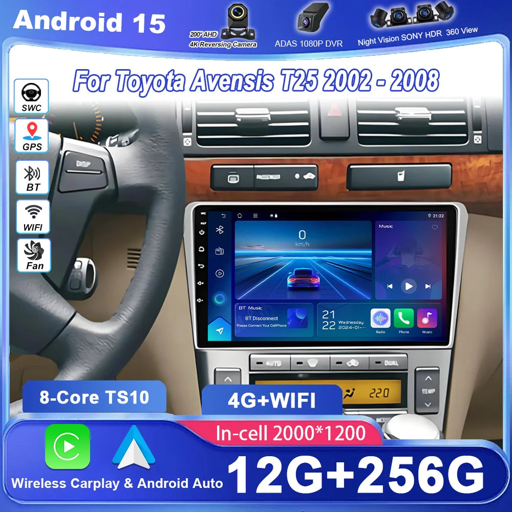 Android 15 For Toyota Avensis T25 2002 2003 2004 2005 2006 2007 2008 GPS Autoradio 4GLTE D