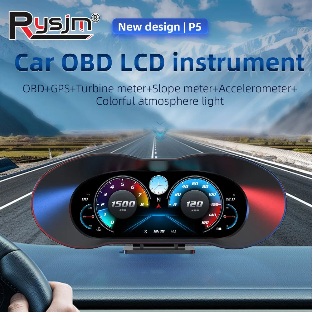 P5 HUD OBD2&GPS Car Head Up Display Speedometer Auto Display Alarm Water Oil Tem for OBD2 P5 - Automotive LED Light