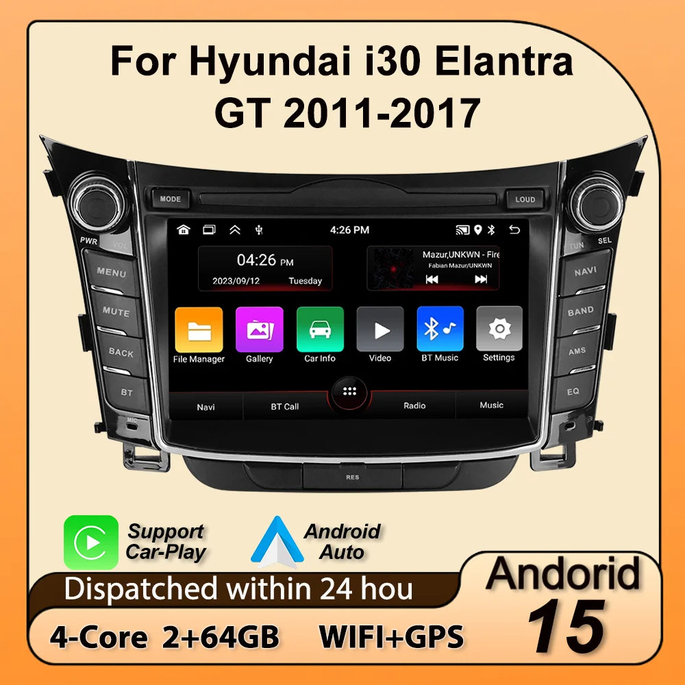 For Hyundai I30 Elantra GT 2012-2017 Android 15 IPS Screen Car Radio Carplay GPS Central M