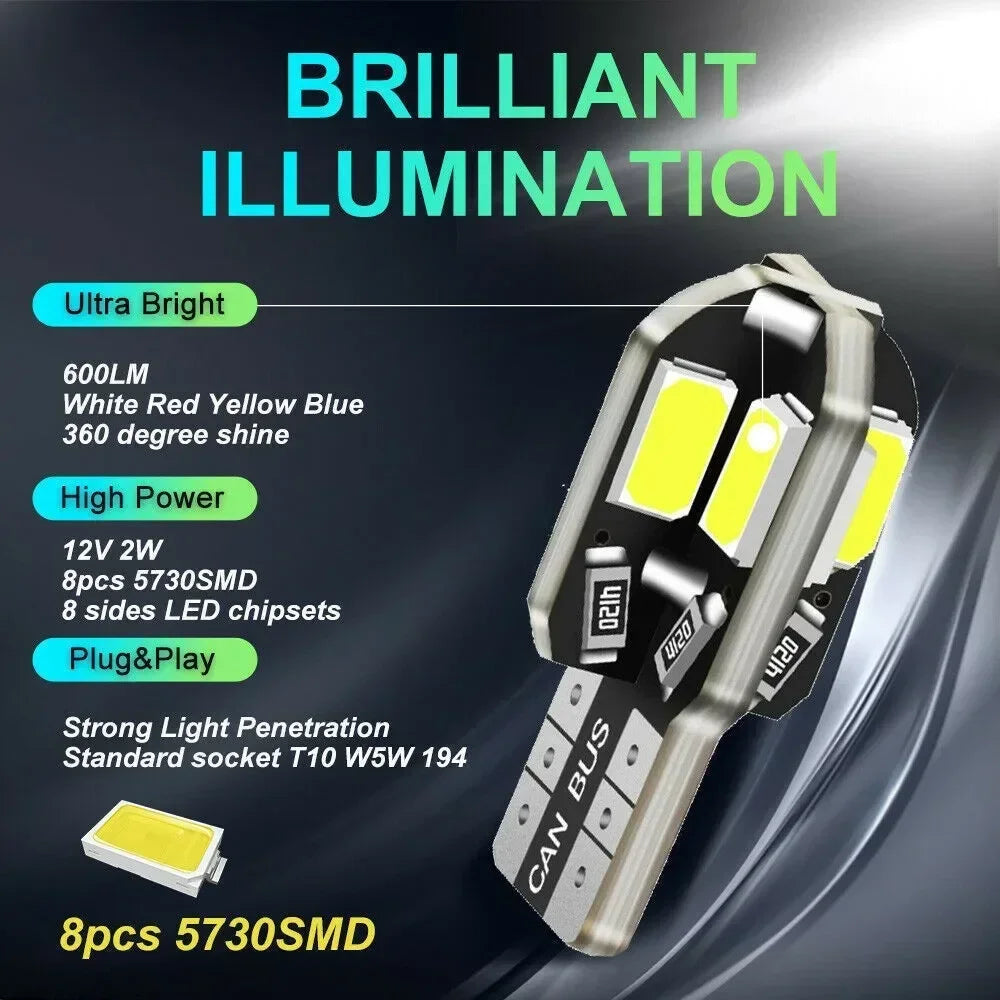 NEW 20PCS W5W T10 LED Bulbs Canbus 5730 8SMD 12V 6000K 194 168 LED Car Interior Map Dome Lights Parking Light Auto Signal Lamp