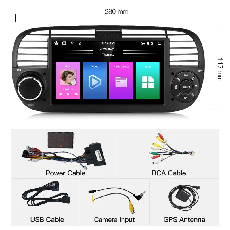 SZLELV Android 15 Wireless CarPlay Auto Car Radio GPS Stereo For Fiat 500 Abarth 2007-2015