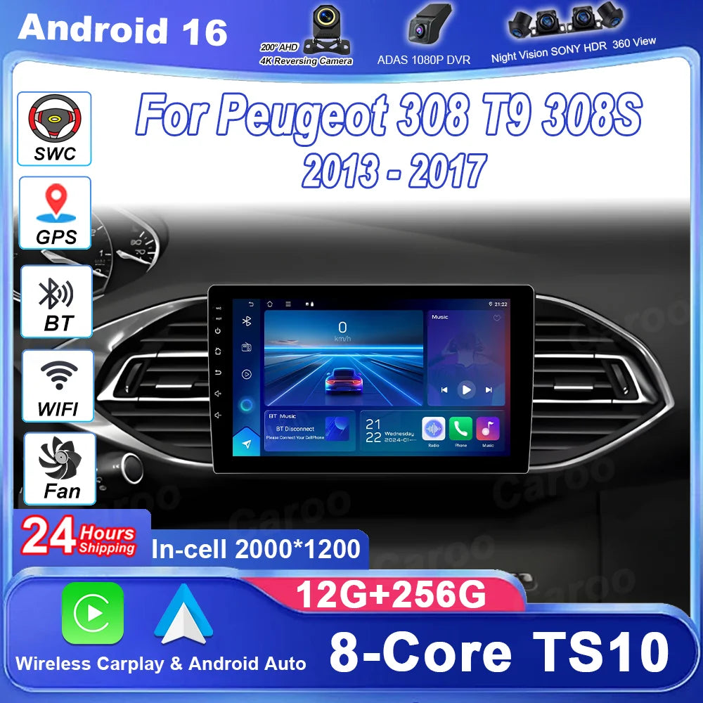 Car Android 16 Radio Stereo Auto For Peugeot 308 T9 308S 2013-2017 Multimedia Player GPS N
