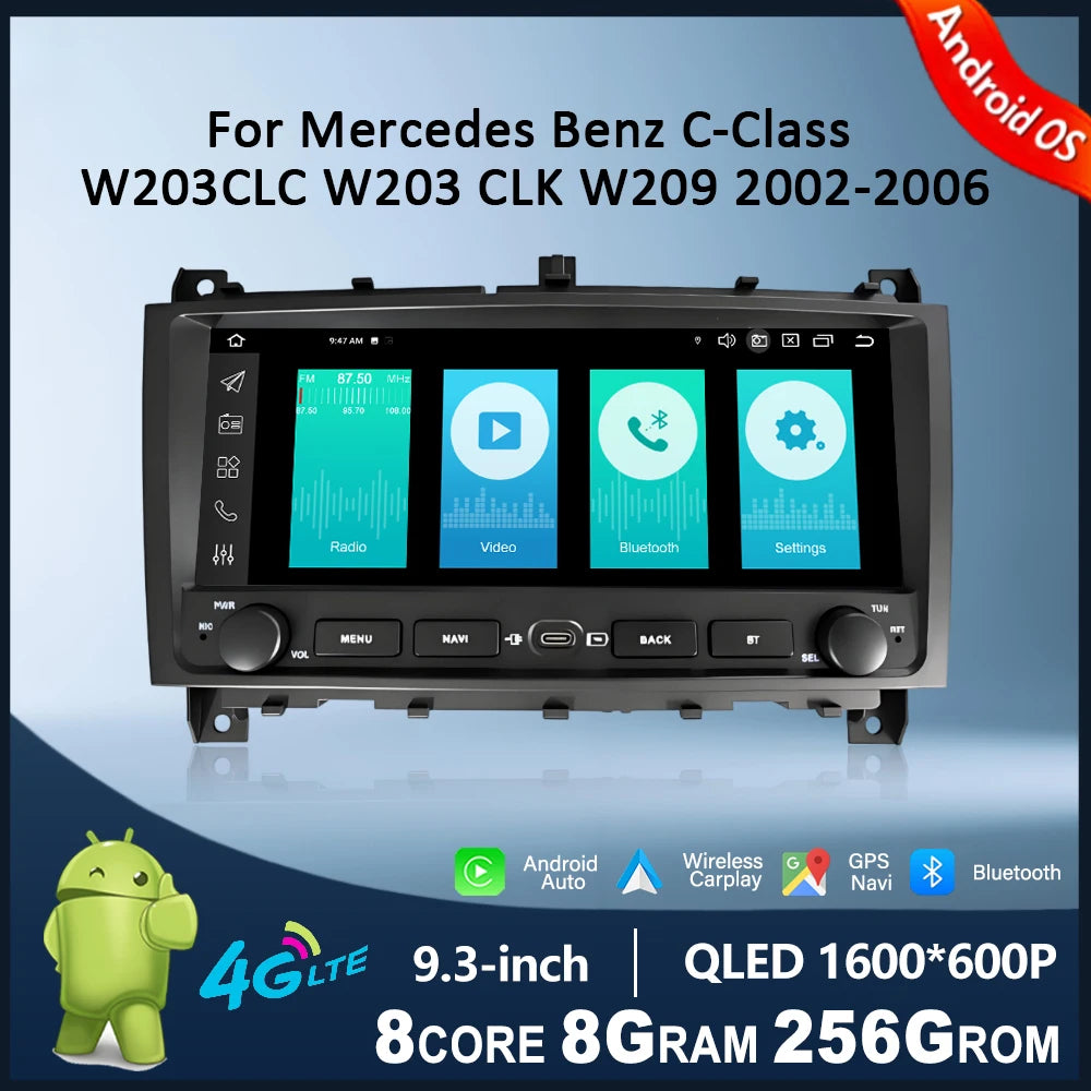 Carplay Android OS 9.3 inch Car Radio for Mercedes Benz C-Class W203CLC W203 CLK W209 2002