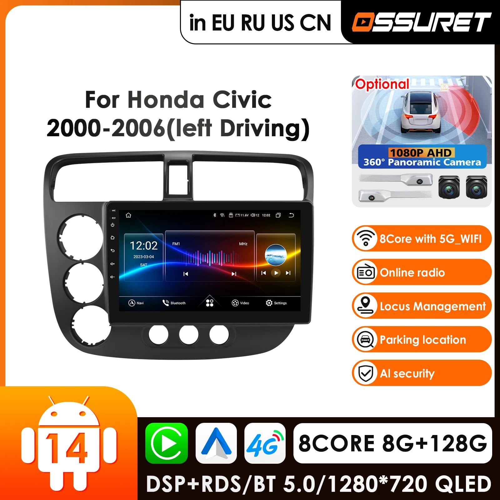 12.3" Car Radio GPS Android 14 for Honda Civic 7 2000-2006 - 2 Din Navigation Autoradio with Carplay