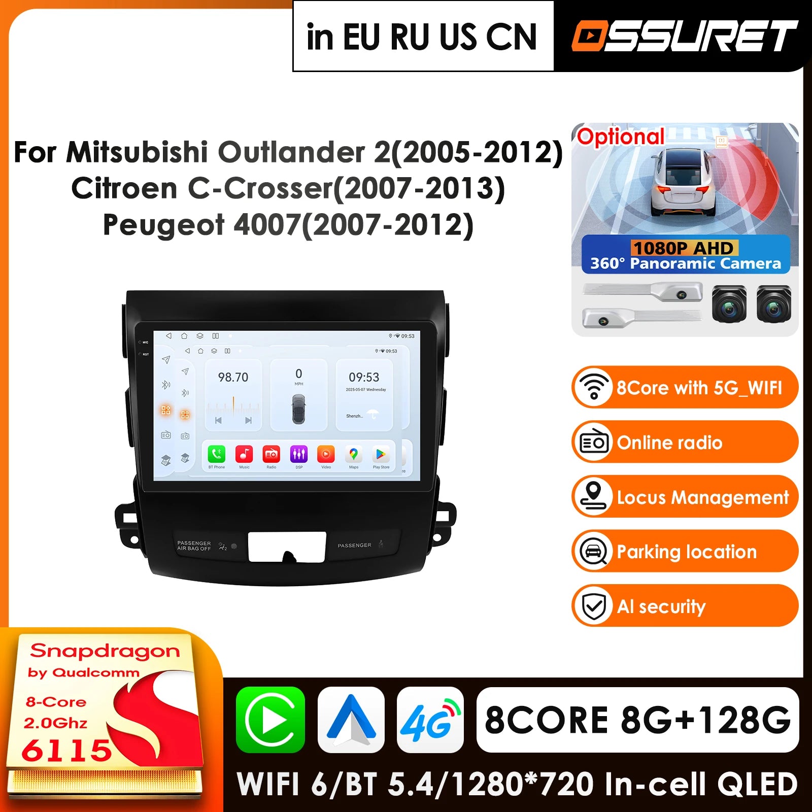 12.3" Android 14 Car Radio GPS for Mitsubishi Outlander XL 2 2005-2012 Peugeot 4007 Citroen C-Crosser - 4G Multimedia Vi