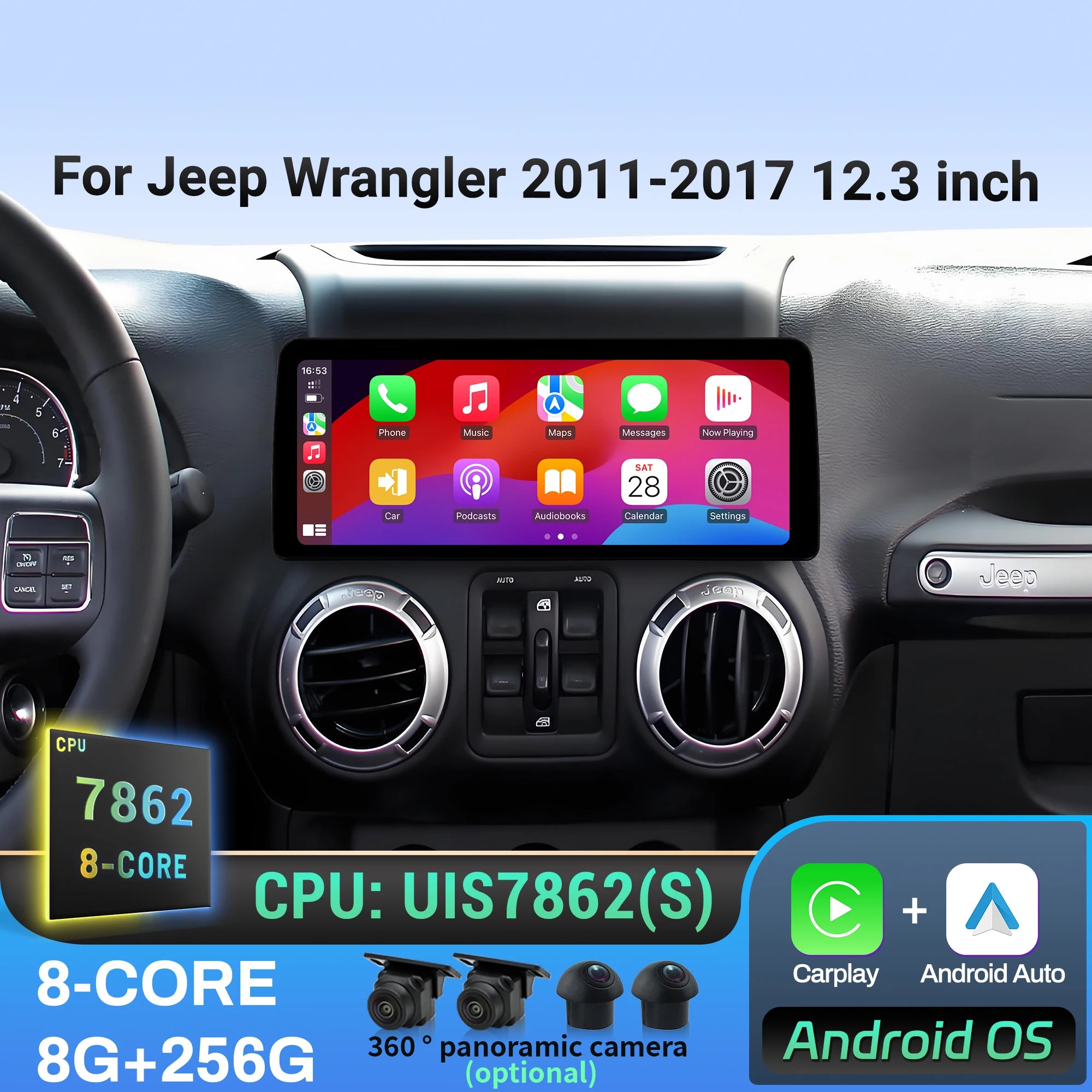 12.3 inch For Jeep Wrangler 2011-2015 2016 2017 Android 14 Auto Car Radio Multimedia Navig