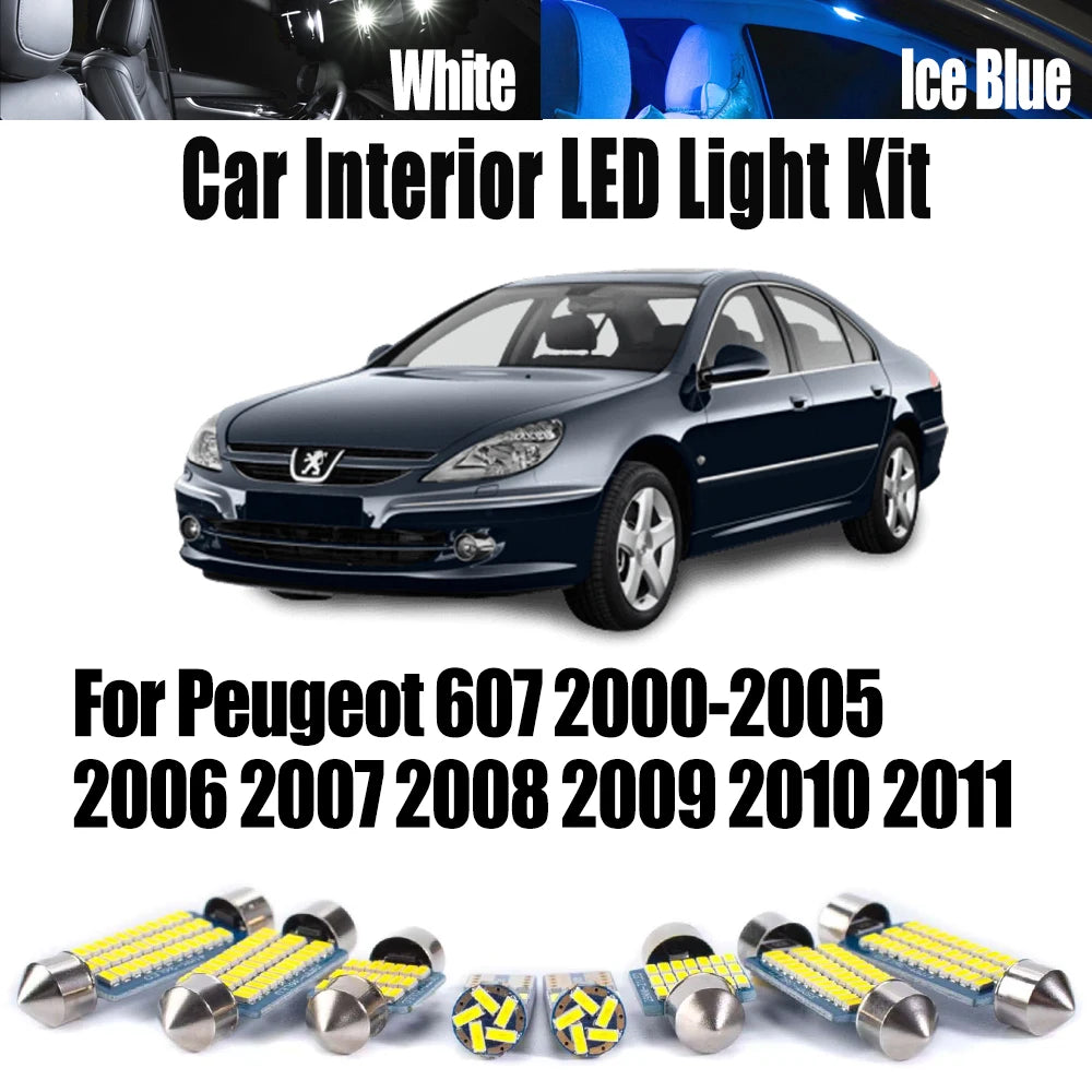 10-Piece LED Interior Light Kit for Peugeot 607 2000-2005 - Canbus Dome Map Door Trunk Bulbs | AUTOKITSHOP