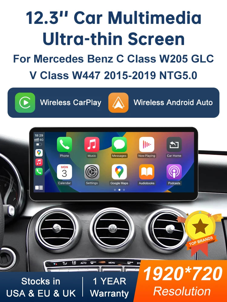 Road Top 12.3 inch Ultra Thin Multimedia Carplay Display For Benz C Class W205 GLC V Class | AUTOKITSHOP